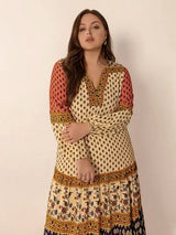 Plus Size Printed V-Neck Long Sleeve Maxi Dress - Trendsi - Flyclothing LLC