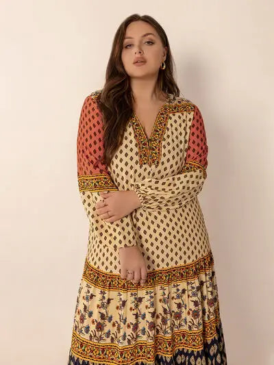 Plus Size Printed V-Neck Long Sleeve Maxi Dress - Trendsi - Flyclothing LLC