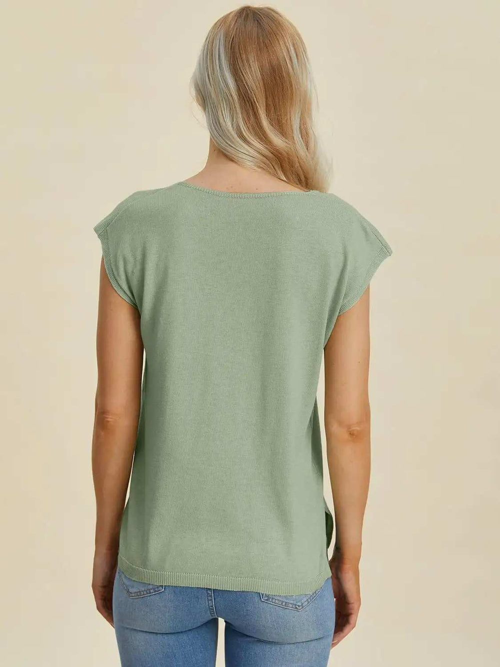 Double Take Full Size Notched Cap Sleeve Knit Top - Trendsi - Flyclothing LLC