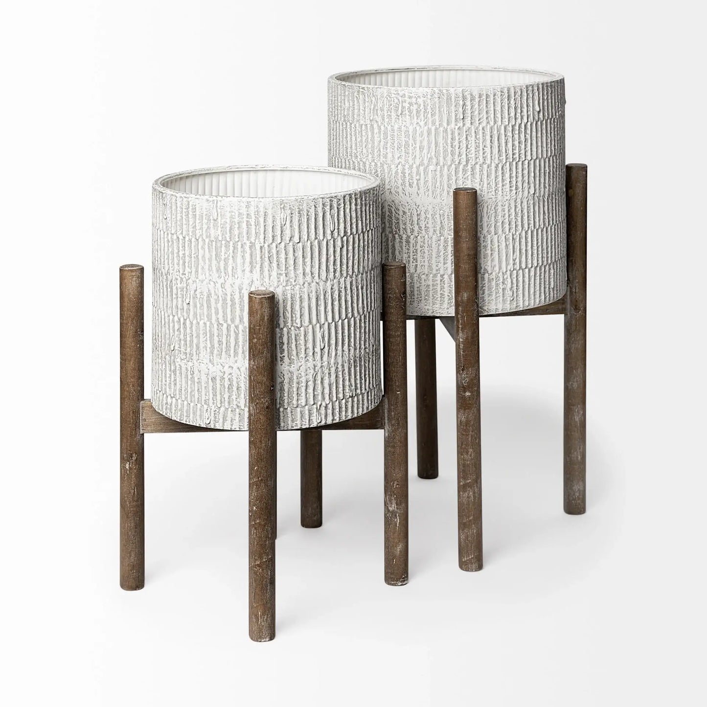 Set of Two Cream And Brown Ceramic And Wood Round Elevated Planters - Homeroots - Flyclothing LLC