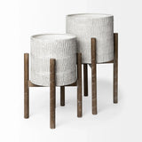 Set of Two Cream And Brown Ceramic And Wood Round Elevated Planters - Homeroots - Flyclothing LLC