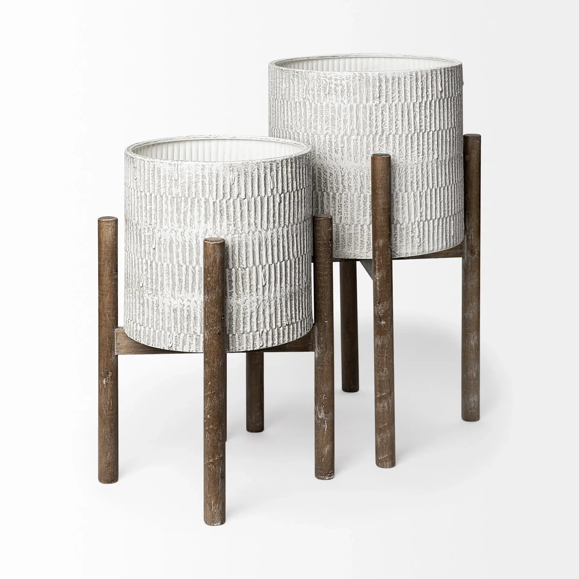 Set of Two Cream And Brown Ceramic And Wood Round Elevated Planters - Homeroots - Flyclothing LLC