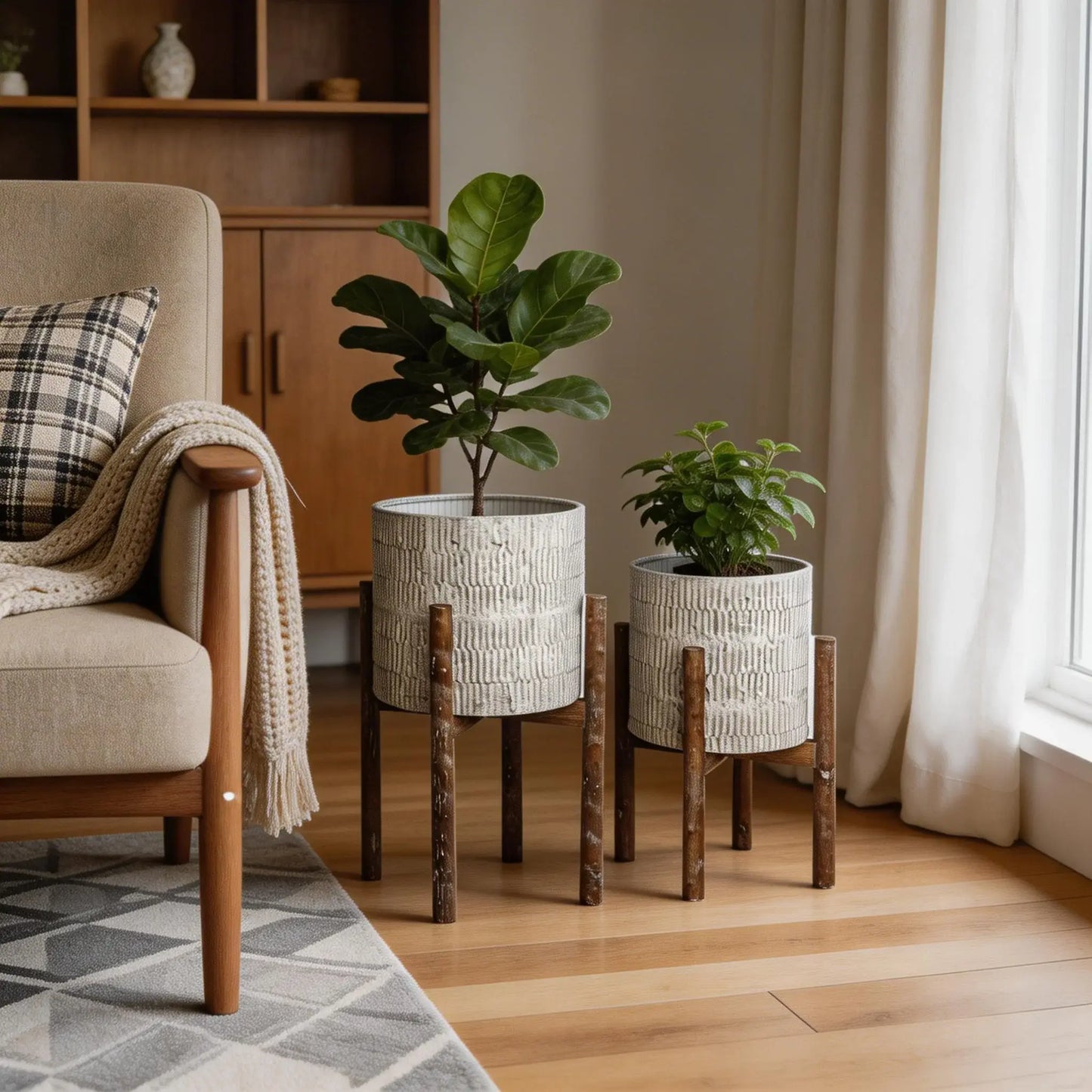 Set of Two Cream And Brown Ceramic And Wood Round Elevated Planters - Homeroots - Flyclothing LLC