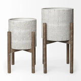 Set of Two Cream And Brown Ceramic And Wood Round Elevated Planters - Homeroots - Flyclothing LLC