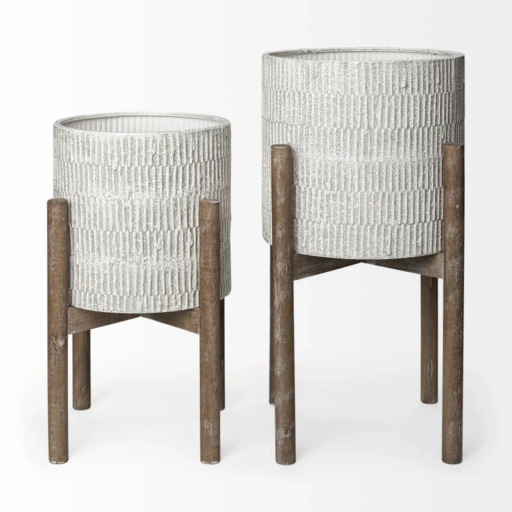 Set of Two Cream And Brown Ceramic And Wood Round Elevated Planters - Homeroots - Flyclothing LLC
