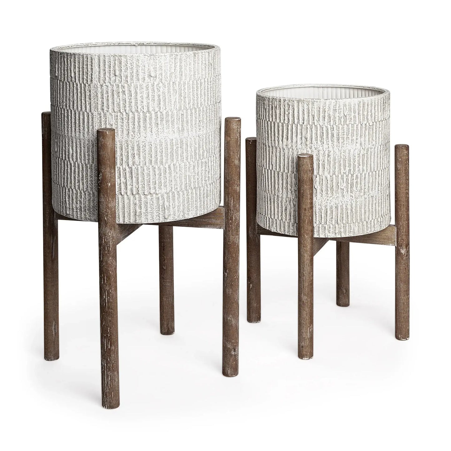 Set of Two Cream And Brown Ceramic And Wood Round Elevated Planters - Homeroots - Flyclothing LLC