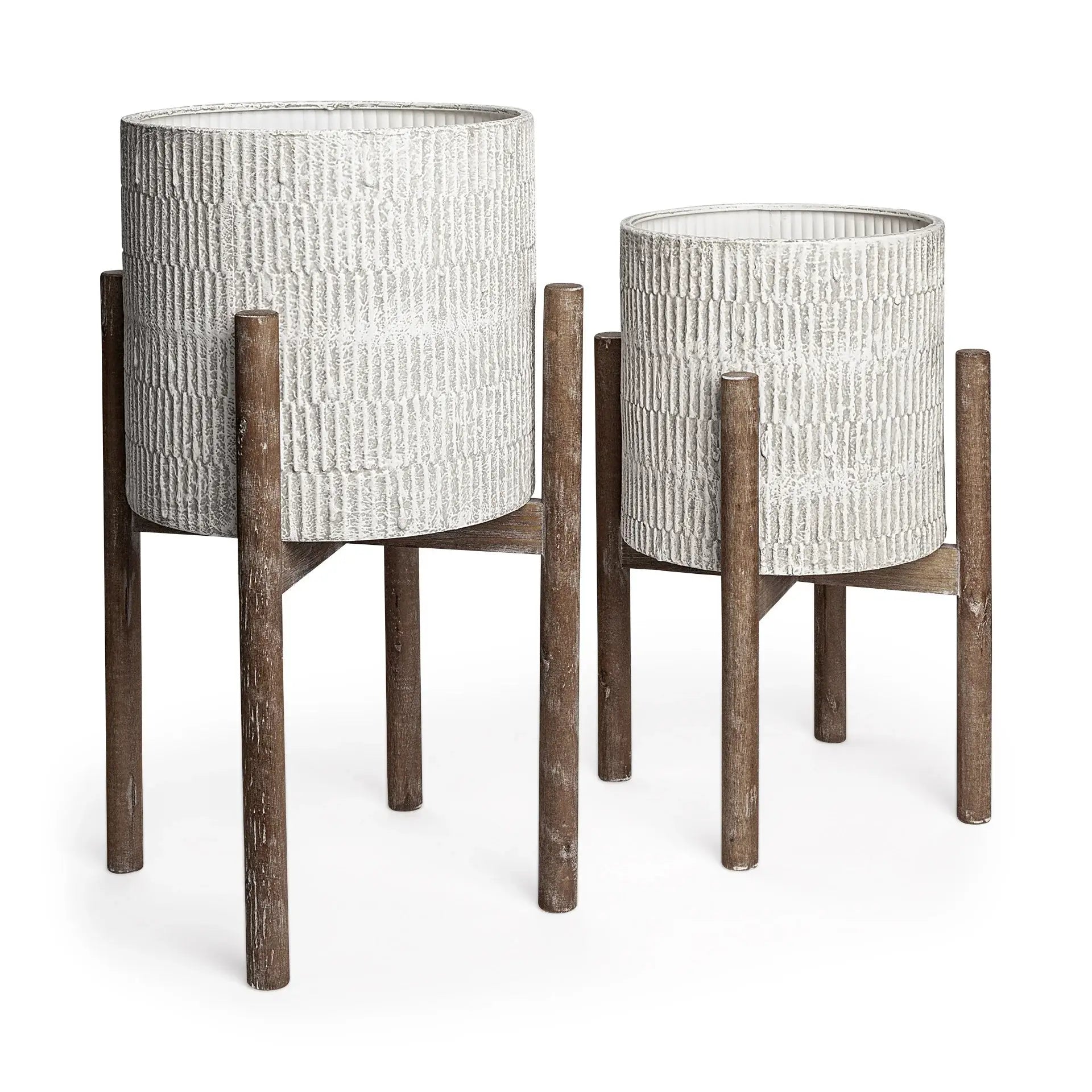 Set of Two Cream And Brown Ceramic And Wood Round Elevated Planters - Homeroots - Flyclothing LLC
