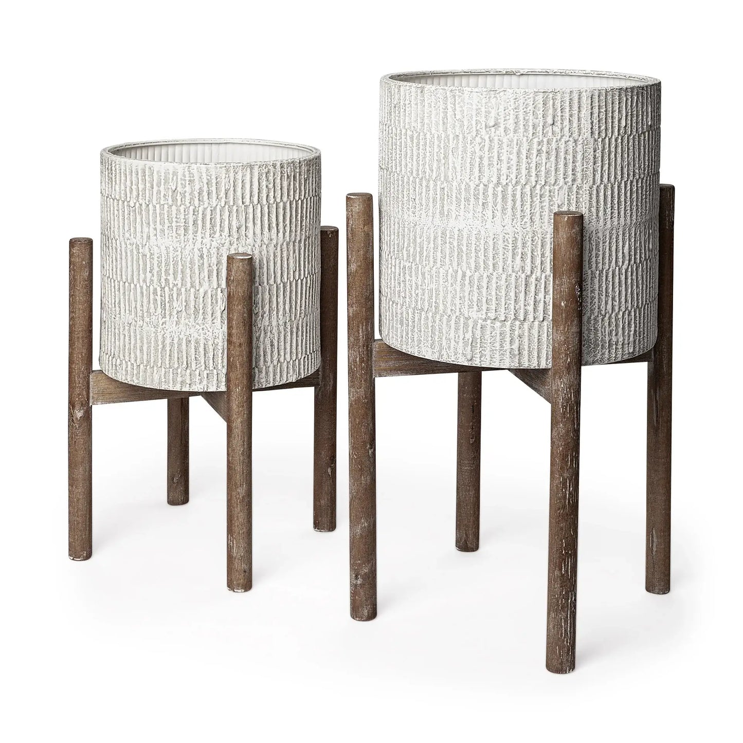 Set of Two Cream And Brown Ceramic And Wood Round Elevated Planters - Homeroots - Flyclothing LLC
