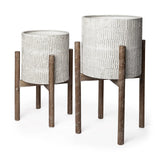 Set of Two Cream And Brown Ceramic And Wood Round Elevated Planters - Homeroots - Flyclothing LLC
