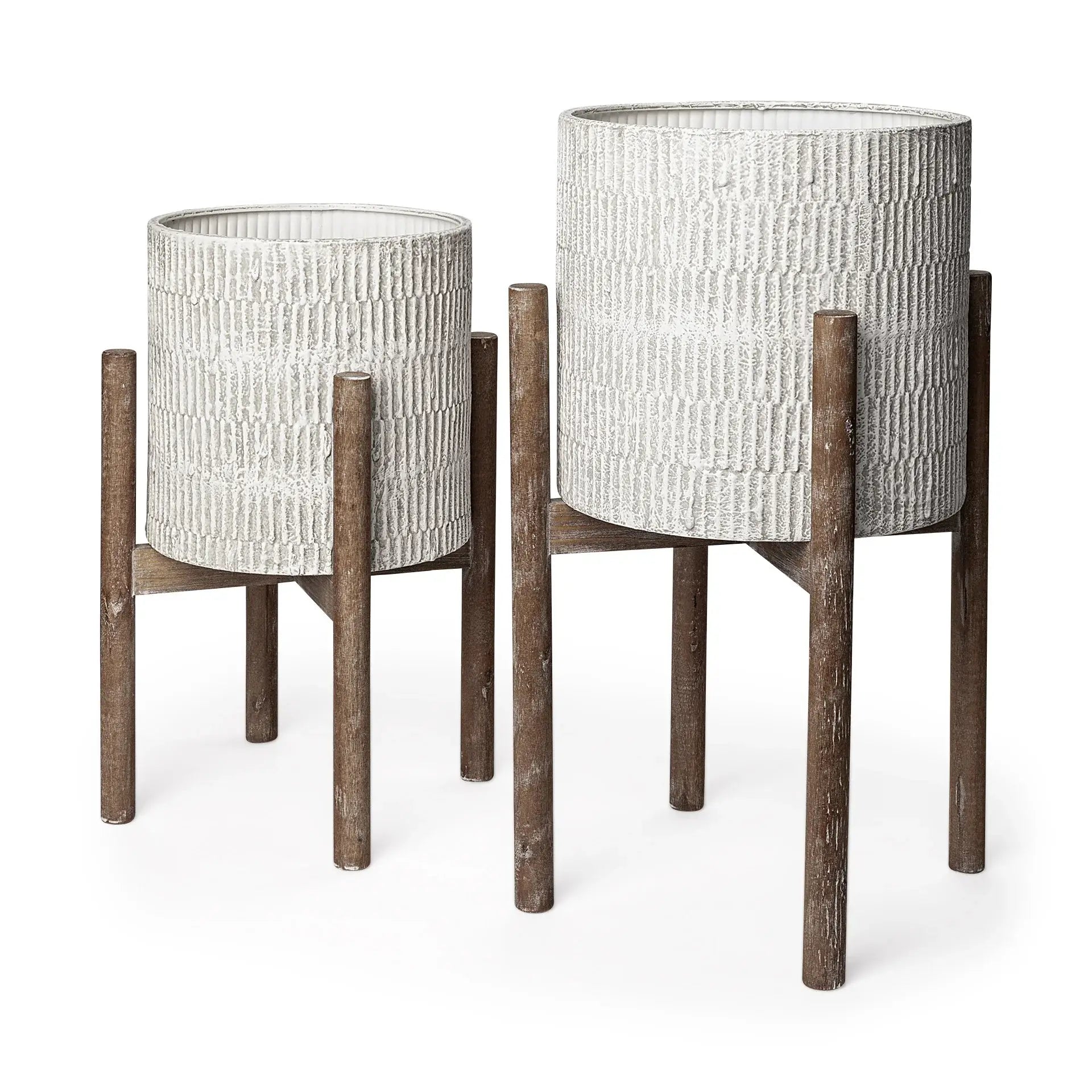 Set of Two Cream And Brown Ceramic And Wood Round Elevated Planters - Homeroots - Flyclothing LLC