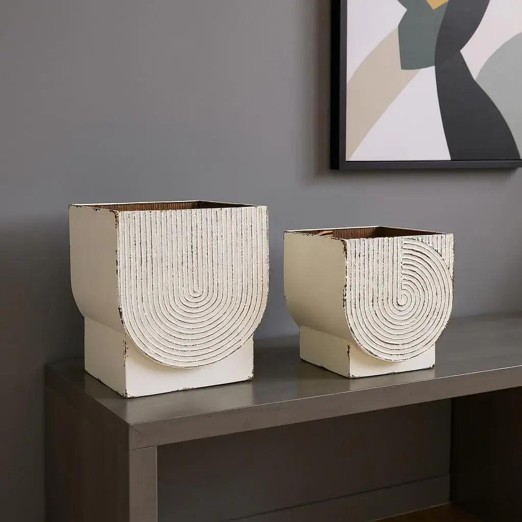 Set of Two White Metal 20 Ounce Rectangular Pot Planters - Homeroots - Flyclothing LLC