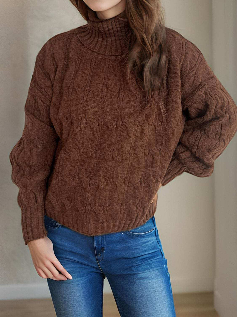 Cable-Knit Turtleneck Long Sleeve Sweater - Trendsi - Flyclothing LLC