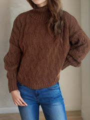 Cable-Knit Turtleneck Long Sleeve Sweater - Trendsi