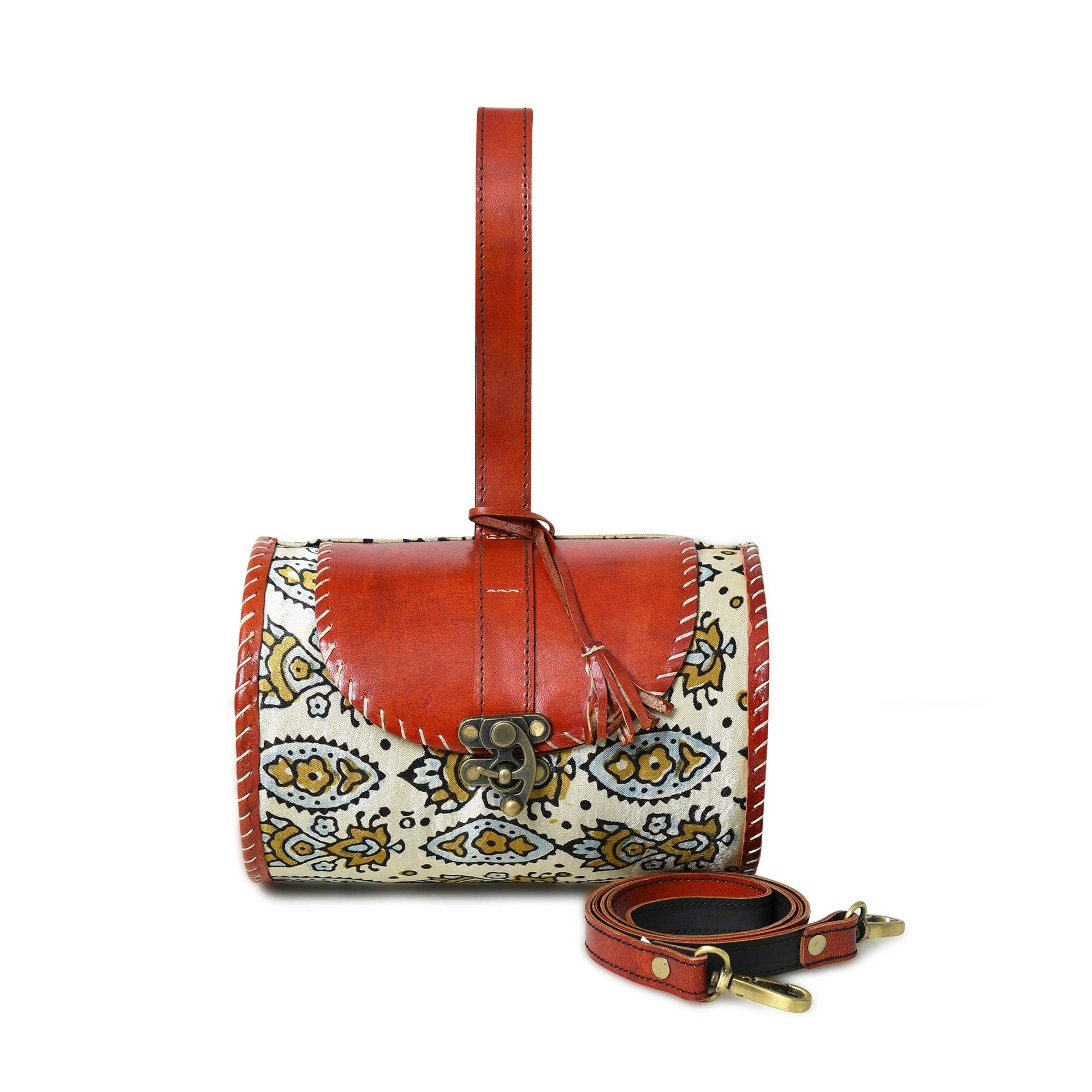 Cylindrical Block Printed Leather Bag - Classy Leather Bags - Flyclothing LLC