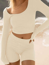 Scoop Neck Long Sleeve Top and Shorts Set - Trendsi - Flyclothing LLC