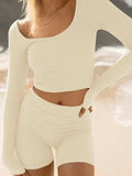 Scoop Neck Long Sleeve Top and Shorts Set - Trendsi - Flyclothing LLC