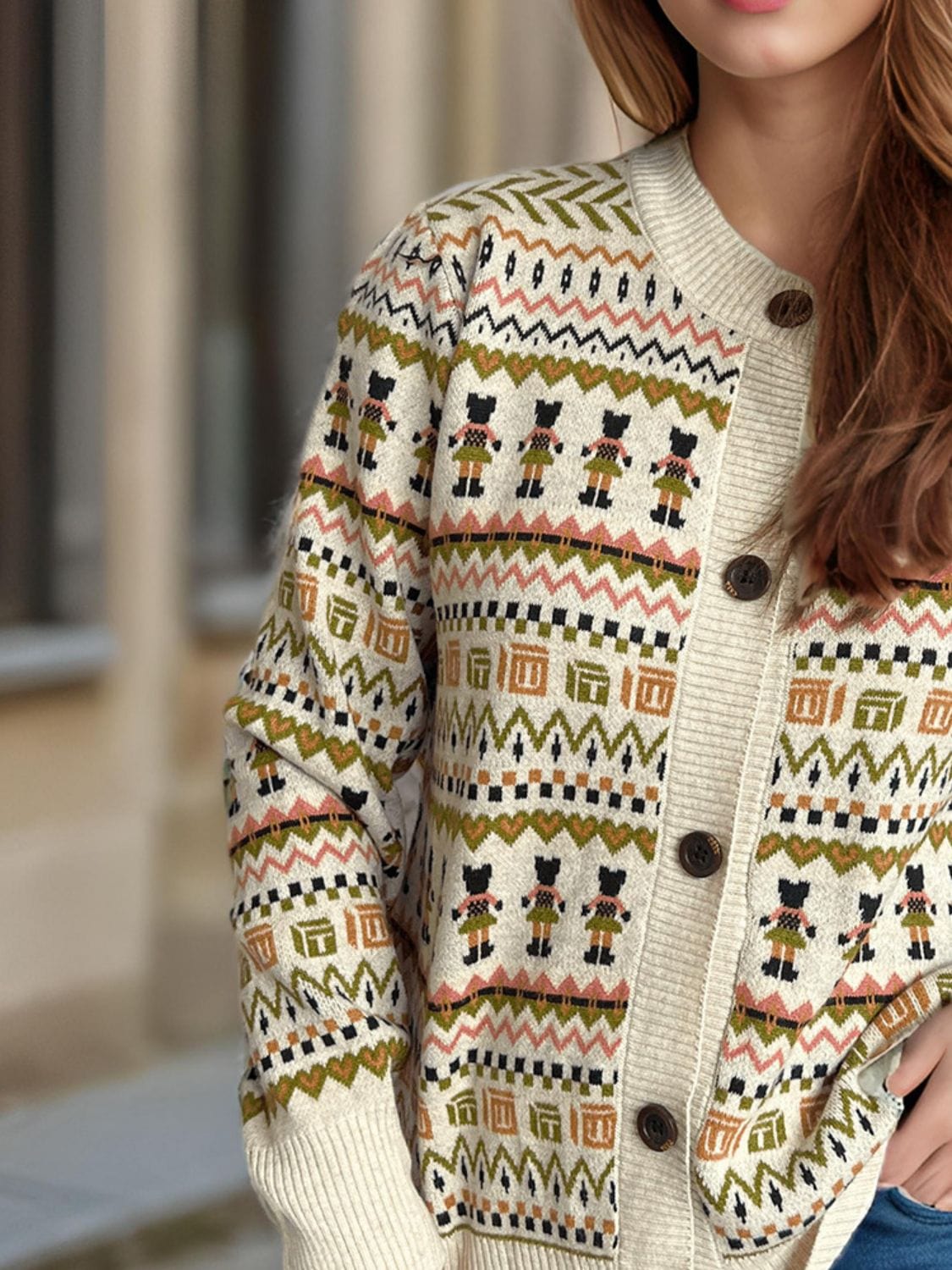 Graphic Button Down Long Sleeve Cardigan - Trendsi