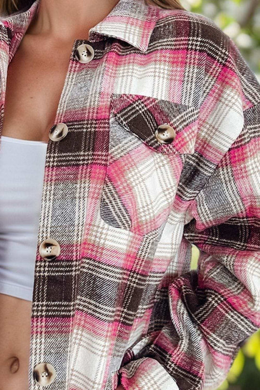 Plaid Button Up Long Sleeve Shacket - Trendsi - Flyclothing LLC