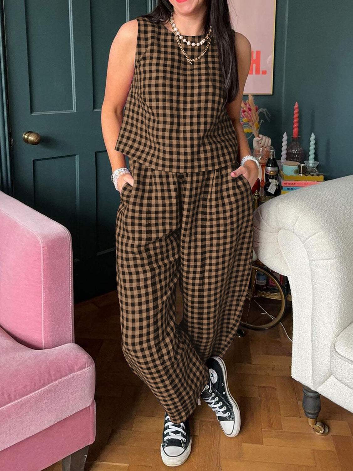 Lovelet Plaid Round Neck Sleeveless Top and Pants Set - Trendsi - Flyclothing LLC