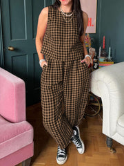 Lovelet Plaid Round Neck Sleeveless Top and Pants Set