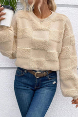Checkered Round Neck Dropped Shoulder Sweater - Trendsi - Flyclothing LLC