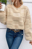 Checkered Round Neck Dropped Shoulder Sweater - Trendsi - Flyclothing LLC