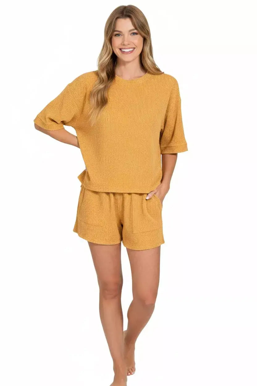 Zenana Raised Rib Short Sleeve Tee and Drawstring Shorts Set - Trendsi - Flyclothing LLC