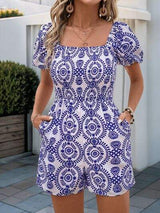 Perfee Printed Smocked Square Neck Puff Sleeve Romper - Trendsi - Flyclothing LLC