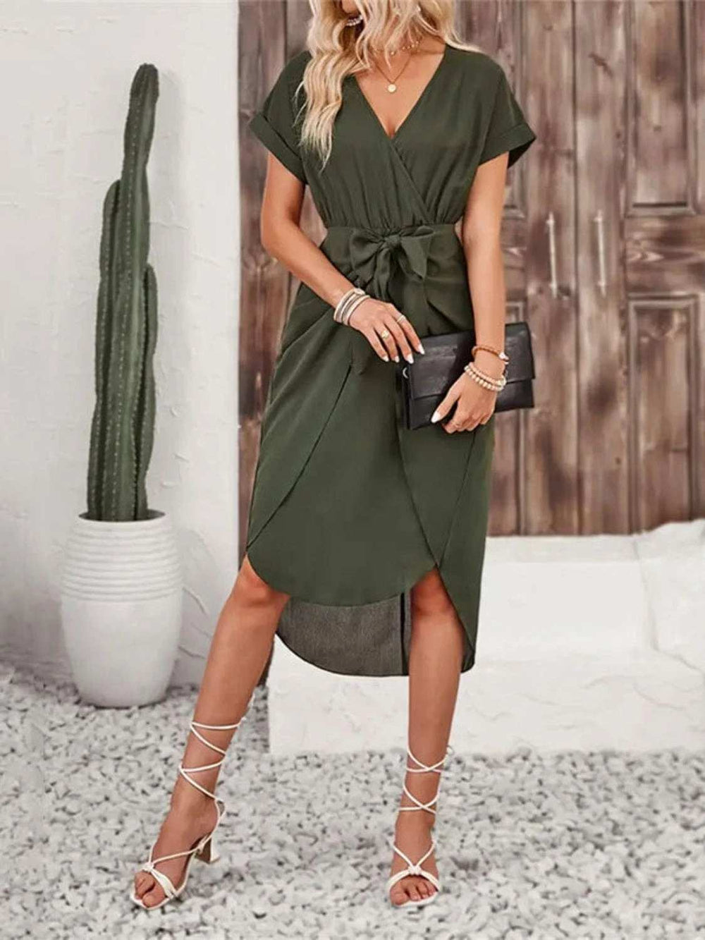 Tied Surplice Short Sleeve Dress - Trendsi - Flyclothing LLC