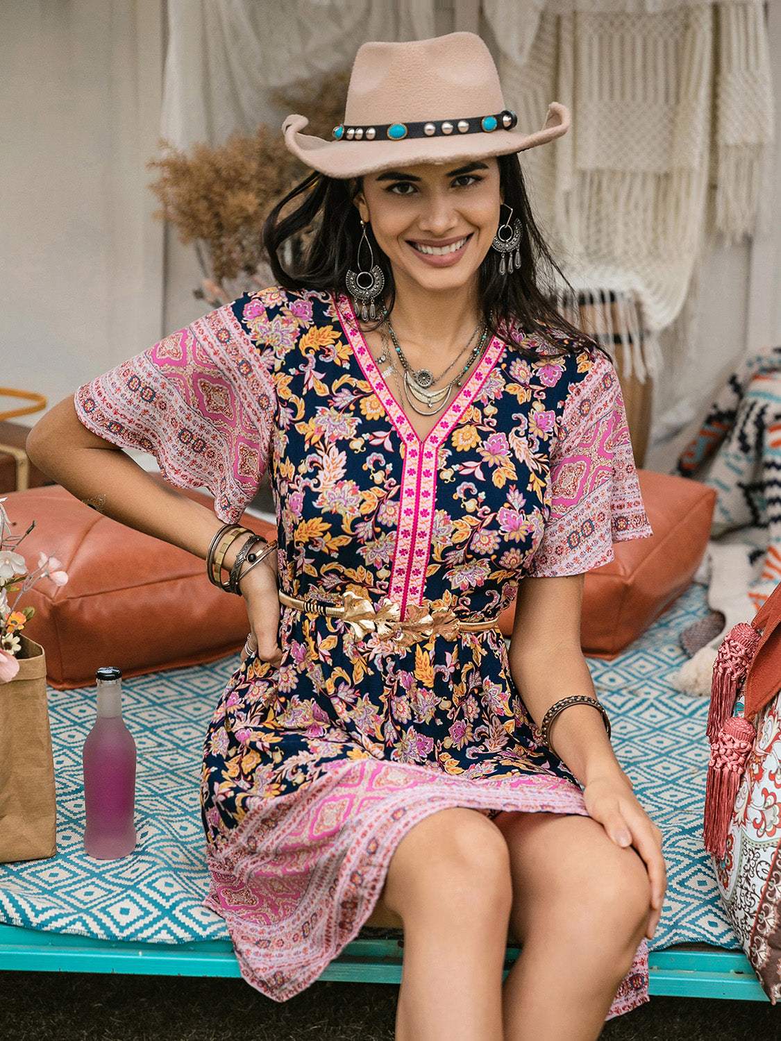 Printed V-Neck Short Sleeve Dress - Trendsi - Flyclothing LLC