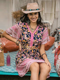 Printed V-Neck Short Sleeve Dress - Trendsi - Flyclothing LLC