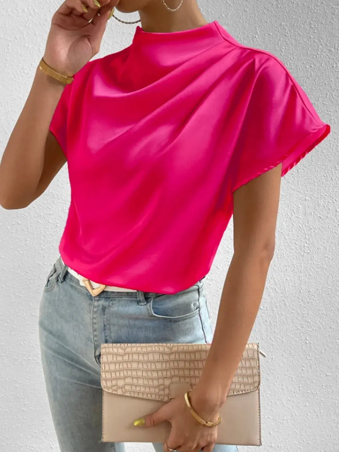 Mock Neck Short Sleeve Blouse - Trendsi - Flyclothing LLC