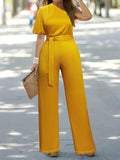 Plus Size Single Shoulder Tie Waist Jumpsuit - Trendsi