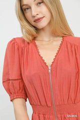 Umgee Zip-Front Smocked Waist Midi Dress - Trendsi - Flyclothing LLC