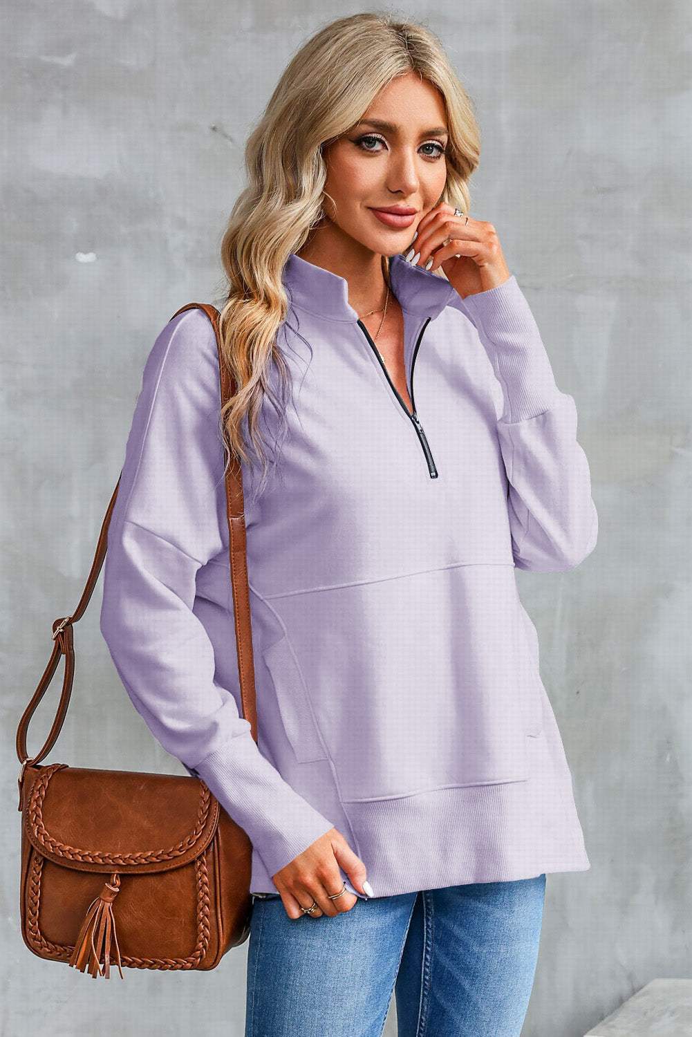 Half Zip Pocketed Dropped Shoulder Sweatshirt - Trendsi - Flyclothing LLC