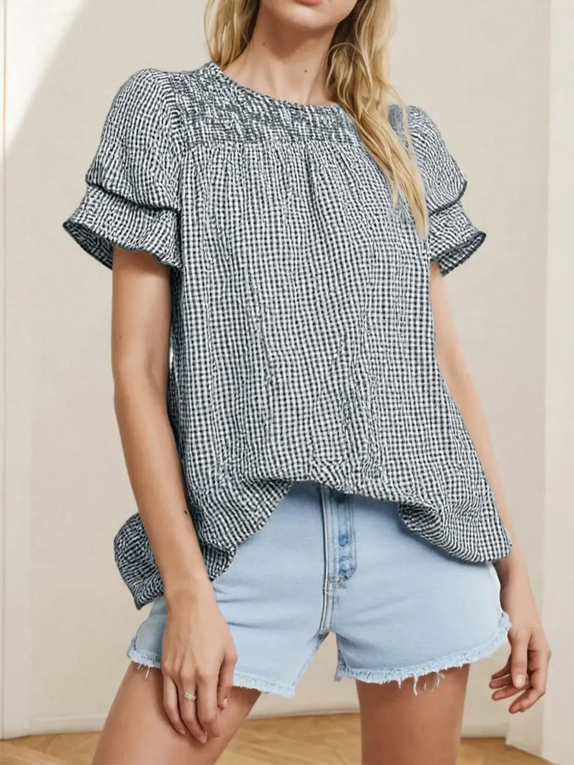 Smocked Plaid Round Neck Layered Short Sleeve Blouse - Trendsi - Flyclothing LLC