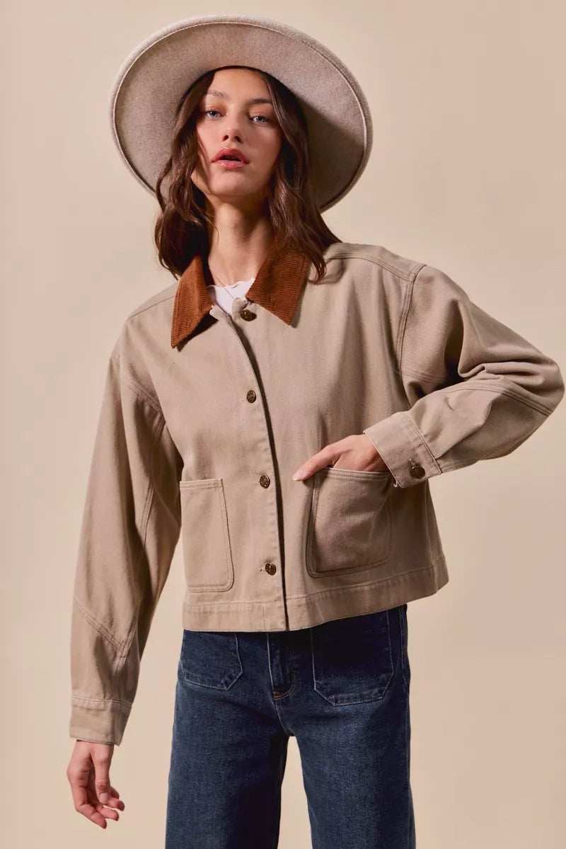 SO ME Cotton Twill Cropped Barn Jacket wtih Collar - Trendsi - Flyclothing LLC