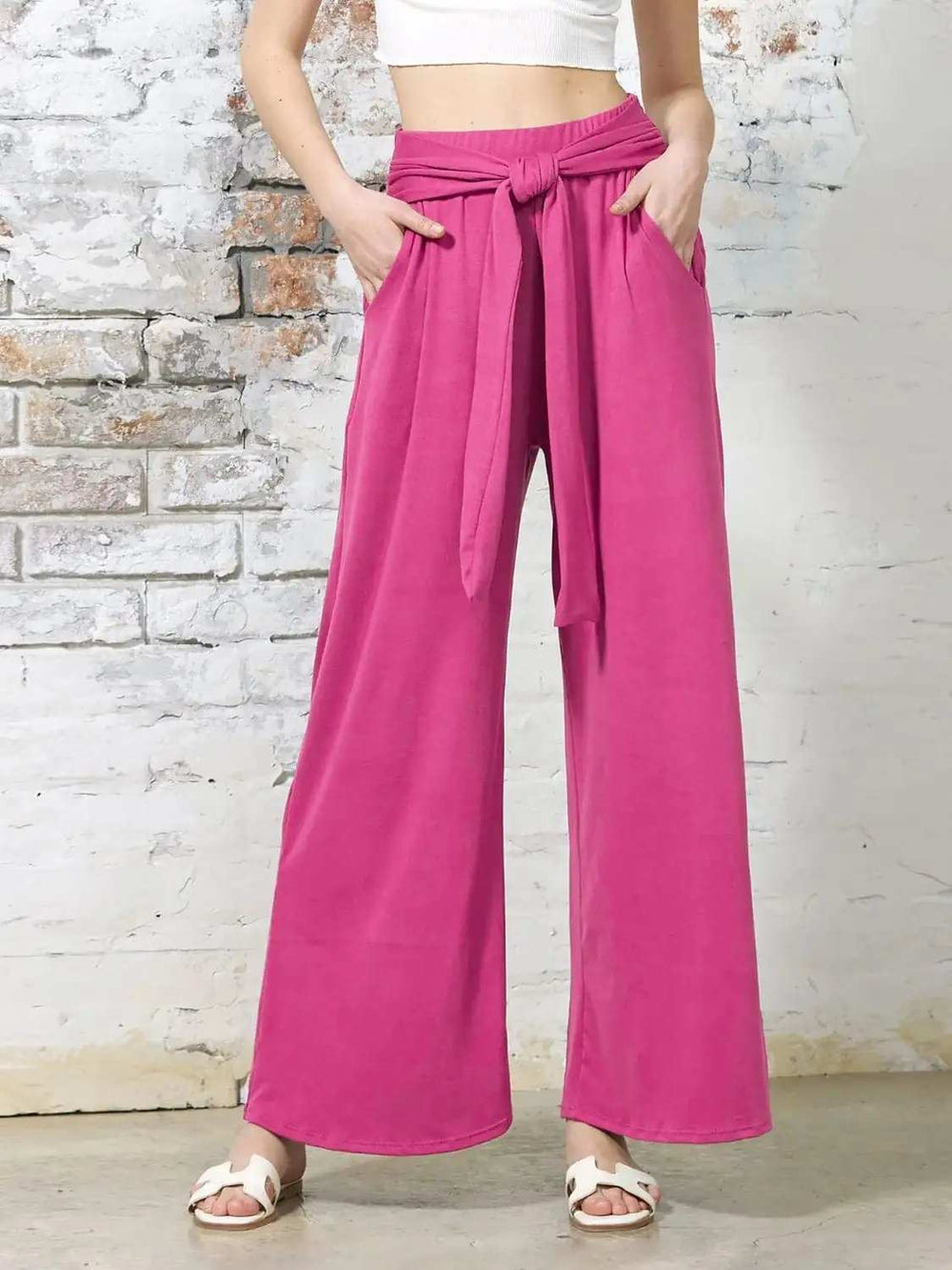 Tied Wide Leg Pants with Pockets - Trendsi - Flyclothing LLC