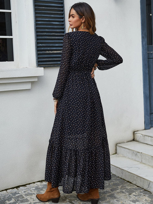 Embroidered V-Neck Long Sleeve Dress - Trendsi