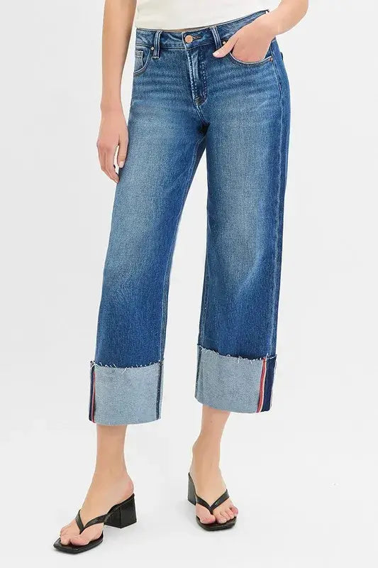 RISEN Full Size Tummy Control Mid Rise Crop Wide Cuffed Jeans Plus Size - Trendsi - Flyclothing LLC