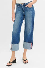 RISEN Full Size Tummy Control Mid Rise Crop Wide Cuffed Jeans Plus Size - Trendsi - Flyclothing LLC