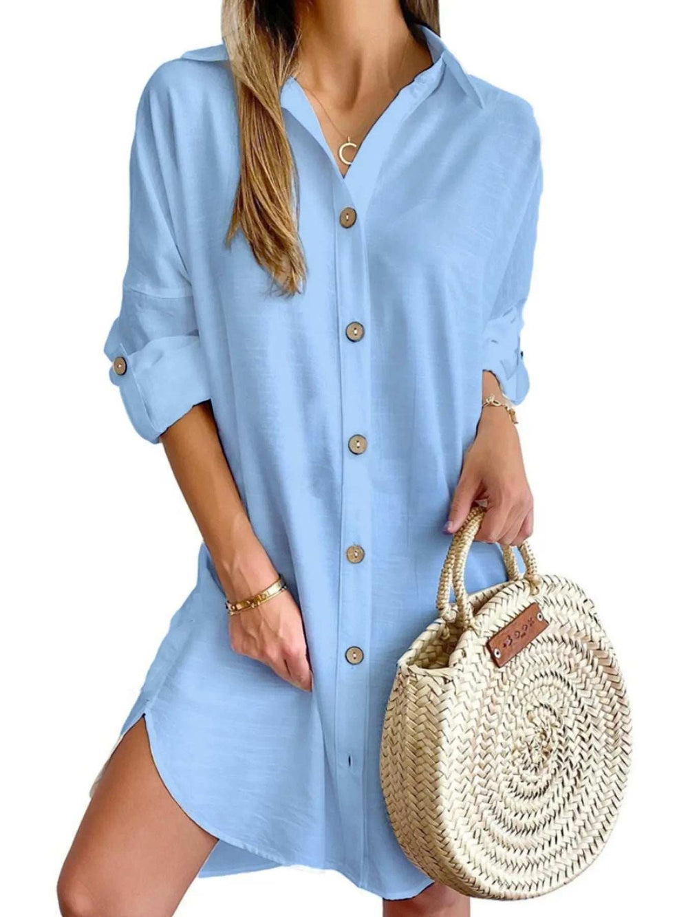 Button Down Long Sleeve Shirt Dress - Trendsi - Flyclothing LLC