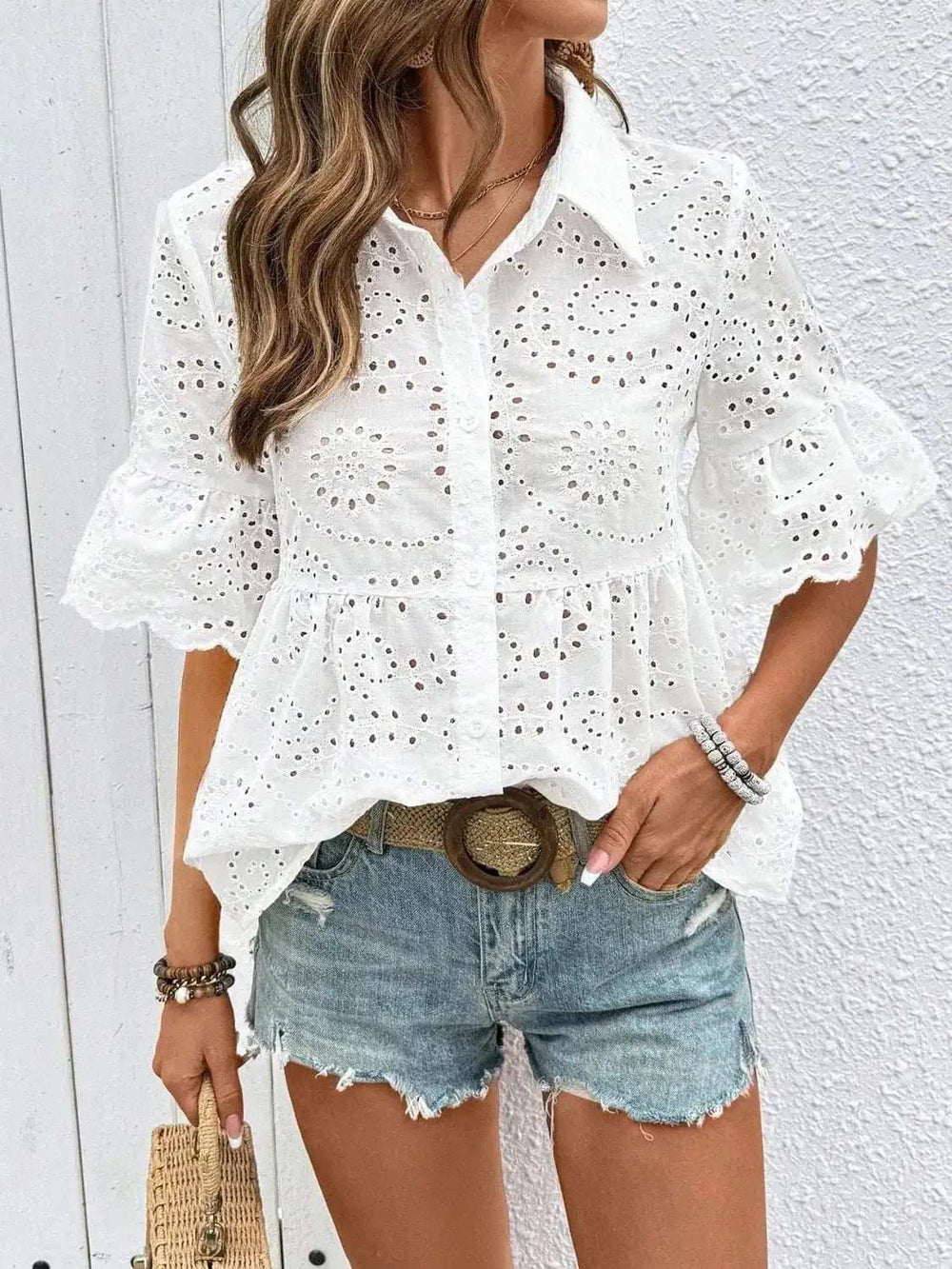 Eyelet Solid Collared Neck Half Sleeve Shirt - Trendsi - Flyclothing LLC