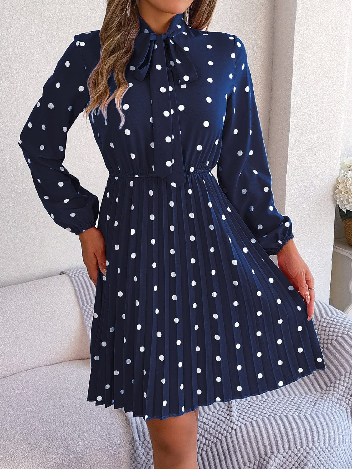 Polka Dot Tie Neck Pleated Dress - Trendsi