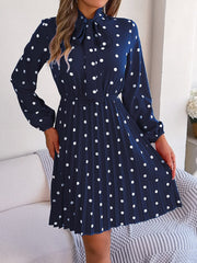 Polka Dot Tie Neck Pleated Dress - Trendsi