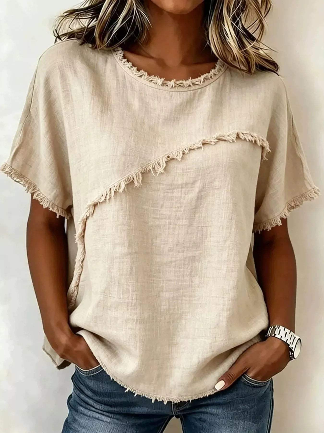 Full Size Frayed Hem Short Sleeve Top Plus Size - Trendsi - Flyclothing LLC