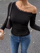 One-Shoulder Lace Trim Slim Fit T-Shirt - Trendsi - Flyclothing LLC