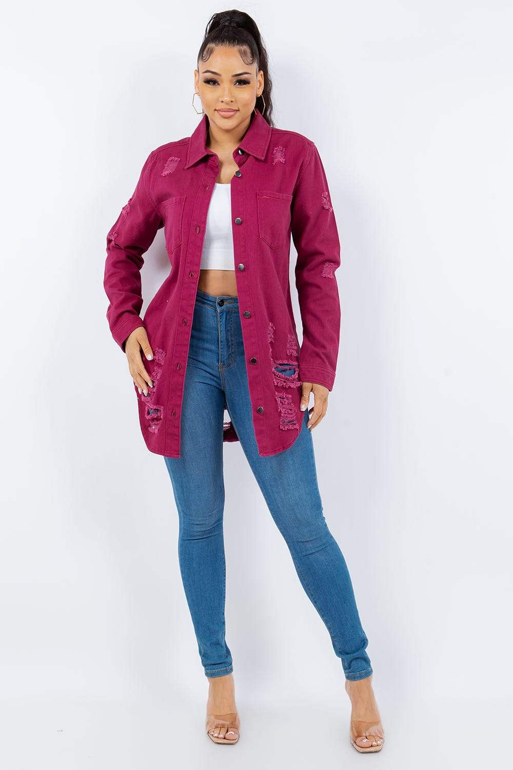American Bazi Distressed Button Up Long Sleeve Denim Jacket - Trendsi - Flyclothing LLC