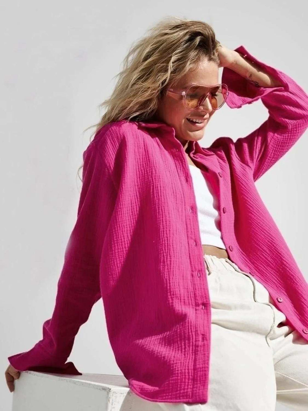 Textured Collared Neck Long Sleeve Shirt - Trendsi - Flyclothing LLC