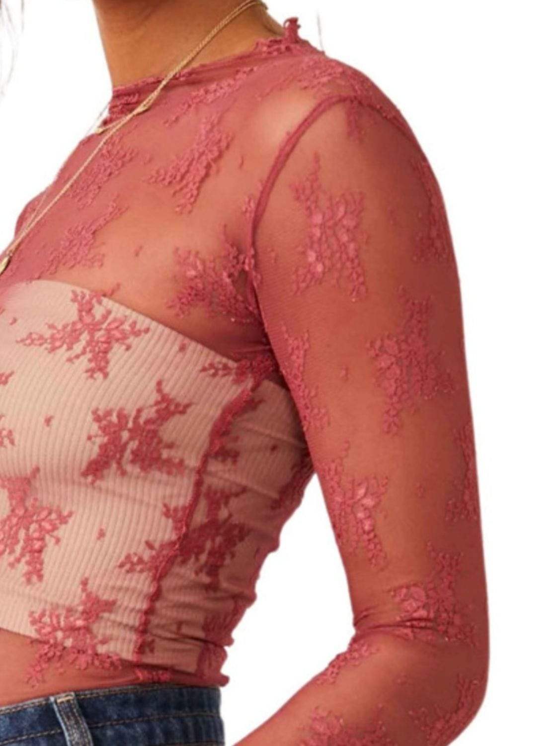 Lace Mock Neck Long Sleeve Blouse - Trendsi - Flyclothing LLC